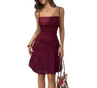 LCDIUDIU Abito Corto da Donna con Spalline Sottili E Schiena Scoperta con Lacci Incrociati, Abito Estivo Aderente E Sexy Trapezio con Scollo Quadrato in Jacquard Floreale E Rete per Cocktail Pa