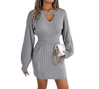 LCDIUDIU Abito Corto da Donna in Maglia A Trecce con Scollo A V Traforato, Maniche Lunghe A Sbuffo Lanterna, Vita Elasticizzata, Aderente, per Autunno Inverno, Club Party, Abbigliamento Casual quotI
