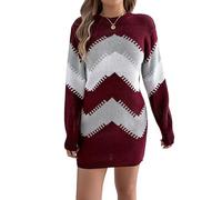 LCDIUDIU Abito Corto in Maglia A Righe Sfumate con Scollo Rotondo da Donna, Maniche Lunghe, Tunica Dritta, Abito Corto in Maglia, Autunno Inverno, Casual, Caldo, per Il Tempo Libero, Rosso Scuro, Se