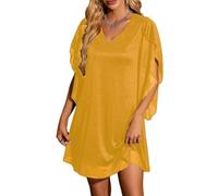 LCDIUDIU Abito da Cocktail da Donna con Scollo Rotondo E Glitter Scintillanti, Maniche A 3/4, Scollo A V, Dritto, Lunghezza al Ginocchio, Casual, Estivo, Midi, in Rete Trasparente, per Feste di N