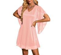 LCDIUDIU Abito da Cocktail da Donna con Scollo Rotondo E Glitter Scintillanti, Maniche A 3/4, Scollo A V, Dritto, Lunghezza al Ginocchio, Casual, Estivo, Midi, in Rete Trasparente, per Feste di N