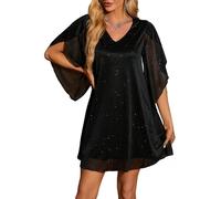 LCDIUDIU Abito da Cocktail da Donna con Scollo Rotondo E Glitter Scintillanti, Maniche A 3/4, Scollo A V, Dritto, Lunghezza al Ginocchio, Casual, Estivo, Midi, in Rete Trasparente, per Feste di N