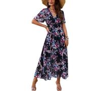 LCDIUDIU Abito da Donna con Scollo A V E Maniche Corte A Sbuffo, Beige, Vita Arricciata, Stampa Floreale, Boho, Linea Ad A, Abito Lungo Estivo Casual Ed Elegante, per Feste, Spiaggia, Vacanze, Blu