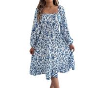 LCDIUDIU Abito da Donna con Scollo Quadrato Floreale, Maniche Lunghe, Arricciato, A Trapezio, Midi, Svolazzanti, Casual, vestibilità Slim, Elegante, per Il Lavoro Quotidiano, per Le Vacanze al