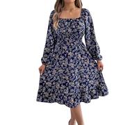 LCDIUDIU Abito da Donna con Scollo Quadrato Floreale, Maniche Lunghe, Arricciato, A Trapezio, Midi, Svolazzanti, Casual, vestibilità Slim, Elegante, per Il Lavoro Quotidiano, per Le Vacanze al