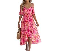 LCDIUDIU Abito da Donna con Stampa Floreale in Stile Boho, con Scollo A V, Spacco Alto E Basso, Cintura, Lungo E Sexy, Estivo, per Feste in Spiaggia, Rosa XL