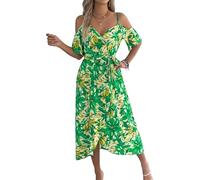 LCDIUDIU Abito da Donna con Stampa Floreale in Stile Boho, con Scollo A V, Spacco Alto E Basso, Cintura, Abito Lungo Estivo Sexy con Spalline Sottili per Feste in Spiaggia, Verde XL