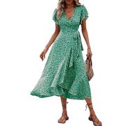 LCDIUDIU Abito Estivo da Donna A Maniche Corte con Scollo A V, Motivo Floreale con Orlo A Balze E Cintura Laterale, Midi, Linea Ad A, Snellente, per Feste Casual in Spiaggia, Verde L