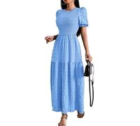 LCDIUDIU Abito Lungo A Balze Arricciato da Donna Bianco, Maniche Corte A Sbuffo, Scollo Rotondo, Linea Ad A, Abito Plissettato Fluente, Casual Estivo, per Tutti I Giorni, per Il Lavoro,La Spiaggia,
