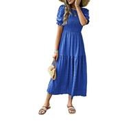 LCDIUDIU Abito Lungo A Balze Arricciato da Donna, Maniche Corte A Sbuffo, Scollo Rotondo, Linea Ad A Fluida, Abito Estivo Casual Lungo per Vacanze al Mare, Invitato A Un Matrimonio, Blu S