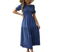 LCDIUDIU Abito Lungo A Balze Arricciato da Donna, Maniche Corte A Sbuffo, Scollo Rotondo, Linea Ad A Fluida, Abito Testurizzato, Prendisole Estivo Casual Lungo per Vacanze al Mare, Invitato A Un Mat