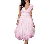 LCDIUDIU Abito Lungo A Balze in Pizzo E Tulle da Donna con Maniche A Cappuccio, Scollo A V Profondo, Sexy Abito da Cocktail Senza Schienale, Abito Corto Estivo Irregolare A Trapezio Multistrato in R