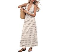 LCDIUDIU Abito Lungo da Donna A Pois con Scollo A V Profondo, Schiena Arricciata, Linea Ad, Prendisole Lungo, Sexy, con Laccetti sul Retro, Senza Maniche, Svolazzante, Estivo per La Spiaggia, Le Va