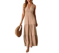 LCDIUDIU Abito Lungo da Donna con Collo all'Americana E Balze,Senza Maniche,Scollo A V Profondo,Sexy,Schiena Scoper Ta,con Laccetti,Abito Lungo Fluente A Trapezio,Estivo,Casual,Elegante,per La Spiag