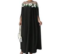 LCDIUDIU Abito Lungo da Donna con Maniche A Mantello E Ricami Floreali,Scollo Rotondo Trasparente,vestibilità Ampia,Abito Lungo Dritto,Elegante Caftano/Abaya Fluente per Invitati A Matrimoni,Vacanz