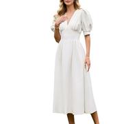 LCDIUDIU Abito Lungo da Donna con Scollo A V, Maniche Corte A Sbuffo, Vita Impero, Linea Ad A Plissettata, Elegante E Fluente, Perfetto per L'Estate, Ideale per Cocktail Party Serali, Matrimoni