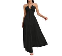 LCDIUDIU Abito Lungo da Donna con Scollo all'Americana, Scollo A V Profondo, Balze, Schiena Scoperta, Laccetti sul Retro, Arricciato, Svolazzante, Linea Ad A, Plissettato, Abito Lungo Estivo Casual