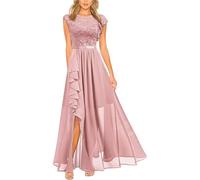 LCDIUDIU Abito Lungo da Donna in Pizzo E Chiffon, Elegante Abito da Sera Formale Senza Maniche, Scollo Rotondo, Volant, Vita Alta, Linea Ad A Fluida, Abito da Sposa con Spacco Laterale per Damigella