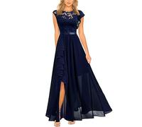 LCDIUDIU Abito Lungo da Donna in Pizzo E Chiffon, Elegante Abito da Sera Formale Senza Maniche, Scollo Rotondo, Vita Alta Svolazzante, Linea Ad A Fluida, Dress da Cerimonia con Spacco Laterale per D