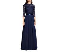 LCDIUDIU Abito Lungo da Donna in Pizzo E Chiffon, Elegante Abito Formale da Sera A Maniche A 3/4, Aderente, A Vita Alta, Abito Lungo Plissettato Trapezio per Invitata A Matrimoni E Feste, Blu Navy X