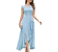 LCDIUDIU Abito Lungo da Donna in Pizzo E Chiffon, Elegante, con Scollo A V, per Invitata A Matrimoni, Maniche Corte, Vita Alta, Abito Formale da Sera, Abito Lungo Trapezio Fluente per Damigelle D'On
