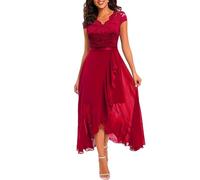 LCDIUDIU Abito Lungo da Donna in Pizzo E Chiffon, Elegante, con Scollo A V, per Invitata A Matrimoni, Maniche Corte, Vita Alta, Abito Formale da Sera, Abito Lungo Trapezio Fluente per Damigella D'On