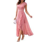 LCDIUDIU Abito Lungo da Donna in Pizzo E Chiffon, Elegante, con Scollo A V, per Invitata A Matrimoni, Maniche Corte, Vita Alta, Abito Formale da Sera, Abito Lungo Trapezio Fluente per Damigella D'On