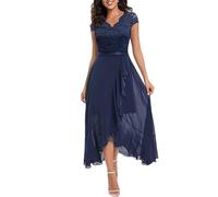 LCDIUDIU Abito Lungo da Donna in Pizzo E Chiffon, Elegante, con Scollo A V, per Invitata A Matrimoni, Maniche Corte, Vita Alta, Abito Formale da Sera, Abito Lungo Trapezio Fluente per Damigella D'On