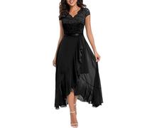 LCDIUDIU Abito Lungo da Donna in Pizzo E Chiffon, Elegante, con Scollo A V, per Invitata A Matrimoni, Maniche Corte, Vita Alta, Abito Formale da Sera, Abito Lungo Trapezio Fluente per Damigella D'On
