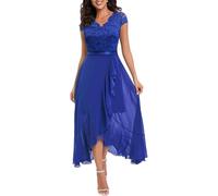 LCDIUDIU Abito Lungo da Donna in Pizzo E Chiffon, Elegante, con Scollo A V, per Invitata A Un Matrimonio, Maniche Corte, Vita Alta, Abito Formale da Sera, Abito Lungo Trapezio Fluente per Damigella