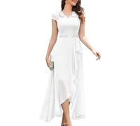 LCDIUDIU Abito Lungo da Donna in Pizzo E Chiffon, Elegante, con Scollo A V, per Invitata A Un Matrimonio, Maniche Corte, Vita Alta, Abito Formale da Sera, Abito Lungo Trapezio Fluente per Damigella