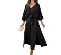 LCDIUDIU Abito Lungo Elegante da Donna in Raso, Scollo A V, Maniche A Pipistrello, Maniche Corte, Schiena Scoperta con Laccetti, Spacco, Abito Lungo Estivo Sexy Ed Elegante con Cintura, Adatto per L