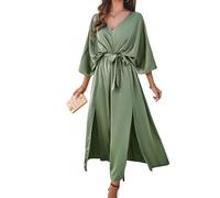 LCDIUDIU Abito Lungo Elegante da Donna in Raso, Scollo A V, Maniche A Pipistrello, Maniche Corte, Schiena Scoperta con Laccetti, Spacco, Abito Lungo Estivo Sexy Ed Elegante con Cintura, Adatto per L