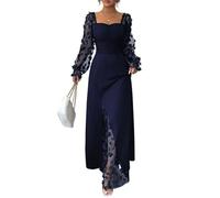 LCDIUDIU Abito Lungo Elegante da Donna in Rete Trasparente con Stampa Floreale 3D, Maniche Lunghe, Scollo A Cuore, Arricciature, Spacco Alto, Aderente, per Matrimonio, Festa, Cocktail, Ballo di Fine