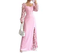 LCDIUDIU Abito Lungo Elegante da Donna in Rete Trasparente con Stampa Floreale 3D, Maniche Lunghe, Scollo A Cuore, Arricciature, Spacco Alto, Aderente, per Matrimonio, Festa, Cocktail, Ballo di Fine