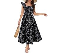 LCDIUDIU Abito Lungo Floreale Estivo da Donna con Scollo Quadrato, Vita Impero Arricciata, Maniche A Cappuccio, Linea Ad A, Abito Plissettato Fluente, Primavera, Casual, Boho, Lungo, per Tutti I Gio