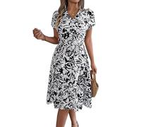 LCDIUDIU Abito Midi con Stampa Floreale E Rose da Donna, Abito Svasato A Trapezio con Cintura, Scollo A V, Maniche Corte, Abbottonato, Snellente, per L'Estate, Tutti I Giorni, Feste, Spiaggia, Vacan