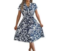 LCDIUDIU Abito Midi con Stampa Floreale E Rose da Donna, Scollo A V, Maniche Corte, Abbottonato, Cintura, Svasato, A Trapezio, Snellente, per L'Estate, Tutti I Giorni, Feste, Spiaggia, Vacanze, Blu