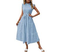 LCDIUDIU Abito Midi da Donna con Maniche A Volant E Balze, Stile Boho Estivo, Collo Alto, Volant E Cintura, Linea Ad A Fluida E Testurizzata, Abito Estivo Casual per Vacanze al Mare, Invitato U