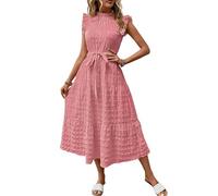 LCDIUDIU Abito Midi da Donna con Maniche A Volant E Balze, Stile Boho Estivo, Collo Alto, Volant E Cintura, Linea Ad A Fluida E Testurizzata, Abito Estivo Casual per Vacanze al Mare, Invitato U