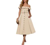 LCDIUDIU Abito Midi da Donna con Spalle Scoperte E Cintura, Volant E Bottoni, Linea Ad A, Elegante Abito A Camicia Casual Estivo Sexy Senza Schienale, Abito Plissettato per Ufficio, Matrimonio, Ospi