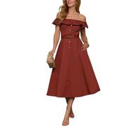 LCDIUDIU Abito Midi da Donna con Spalle Scoperte E Cintura, Volant E Bottoni, Linea Ad A, Elegante Abito A Camicia Casual Estivo Sexy Senza Schienale, Abito Plissettato per Ufficio, Matrimonio, Ospi