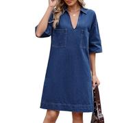LCDIUDIU Abito Midi da Donna in Denim con Scollo A V, Abito Dritto Aderente A Maniche Corte al Gomito con Revers E Tasche, Jeans Lavati, Lunghezza al Ginocchio, Abito Estivo Casual per Tutti I Giorn