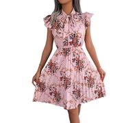 LCDIUDIU Abito Plissettato con Stampa Floreale da Donna, Mini Abito Estivo con Maniche A Volant E Scollo A V, Elegante, Elastico in Vita, Lunghezza al Ginocchio, Abito Trapezio per Lavoro, Ufficio,