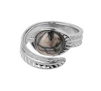 LCDIUDIU Anelli Aperti In Pietra Naturale per Donna, Argento, Foglia Intagliata, Incastonatura Rotonda, Ossidiana Reiki, Gemma Energetica, Dito Regolabile, Cerchietto, Fascia per Il Pollice, Gioiell