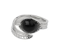 LCDIUDIU Anelli Aperti In Pietra Naturale per Donna, Argento, Foglia Intagliata, Incastonatura Rotonda, Ossidiana Reiki, Gemma Energetica, Dito Regolabile, Cerchietto, Fascia per Il Pollice, Gioiell