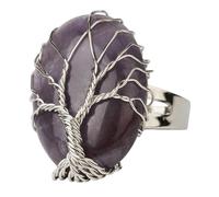LCDIUDIU Anelli Con Pietre Ovali, Anelli Con Pietre Preziose In Cristallo Energetico Albero Della Vita Avvolto In Filo D'Argento, Aperti, Regolabili, Cerchietto per Il Pollice, Gioielli Reiki, Regal
