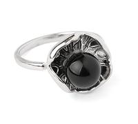 LCDIUDIU Anelli Donna,Argento A Forma di Foglia di Loto Intarsiato Rotondo Naturale Pietra di Ossidiana Nera Regolabile Aperto Knuckle Anello di Coda Anello di Dito Anello di Gioielli per Le Donne S