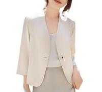 LCDIUDIU Blazer da Donna A Maniche A 3/4 Senza Colletto, Monopetto con Revers Tacca, Giacca Corta Estiva Leggera Ed Elegante, Ideale per Lavoro, Ufficio E Tutti I Giorni, Beige, Taglia XS.
