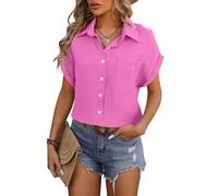 LCDIUDIU Camicia Donna,Camisas De Trabajo De Manga Corta De Muselina para Mujer, Blusa Blanca con Solapa Y Botones, Camisa Básica Informal De Verano, Camiseta Formal para El Trabajo, Tops Rosa